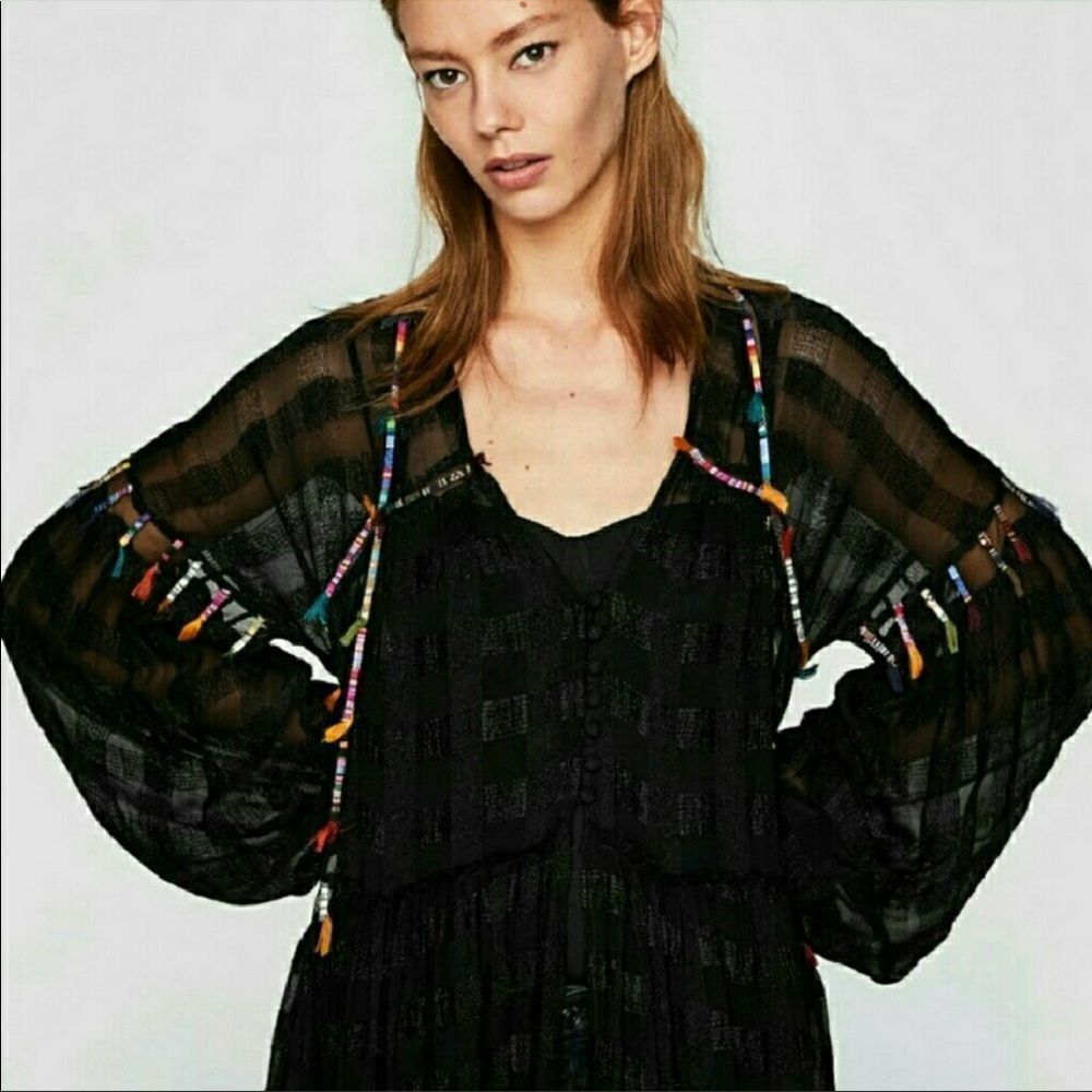 Zara Artsy Embroidered Button Front Kimono Duster